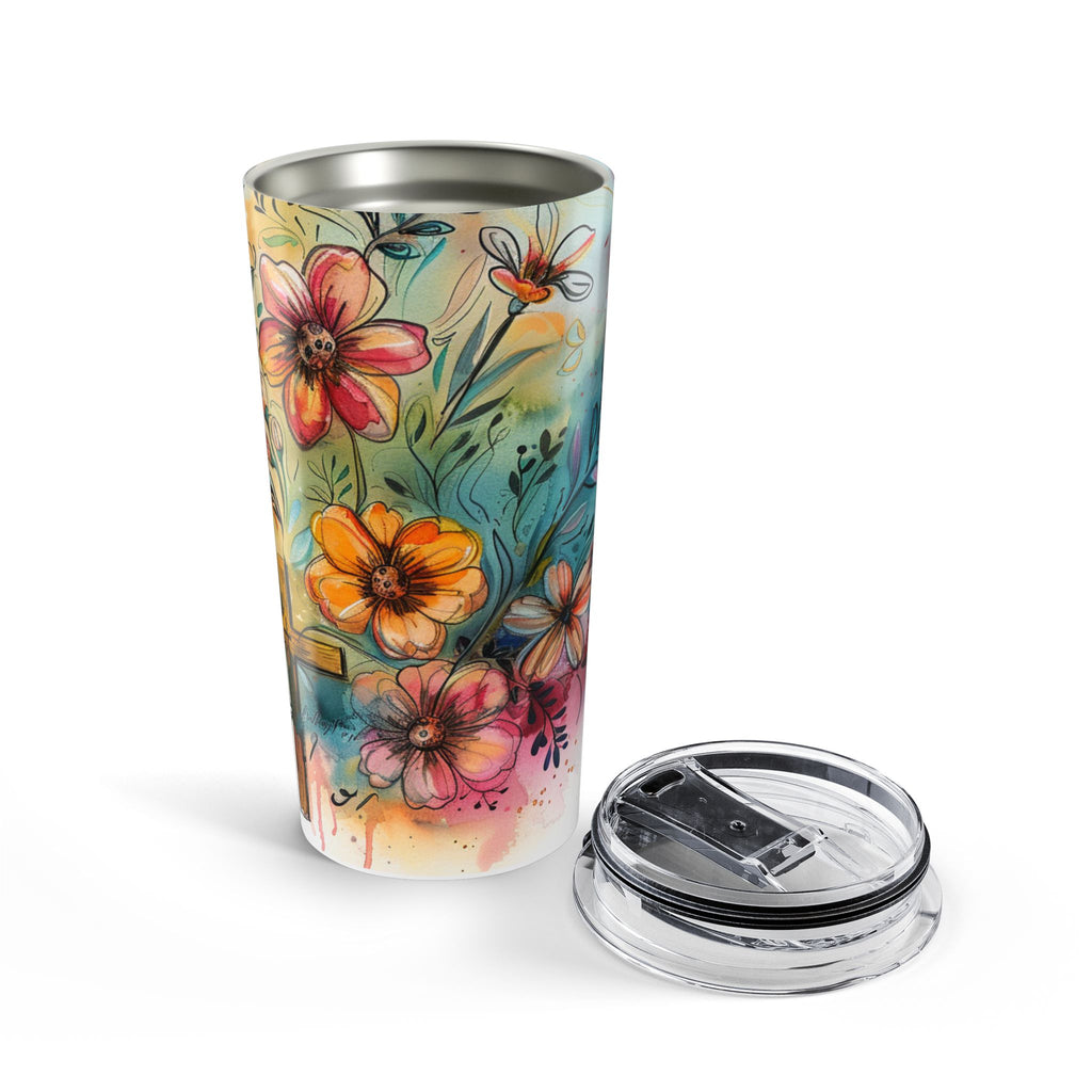 Whimsical Flowers and Cross Tumbler 20oz