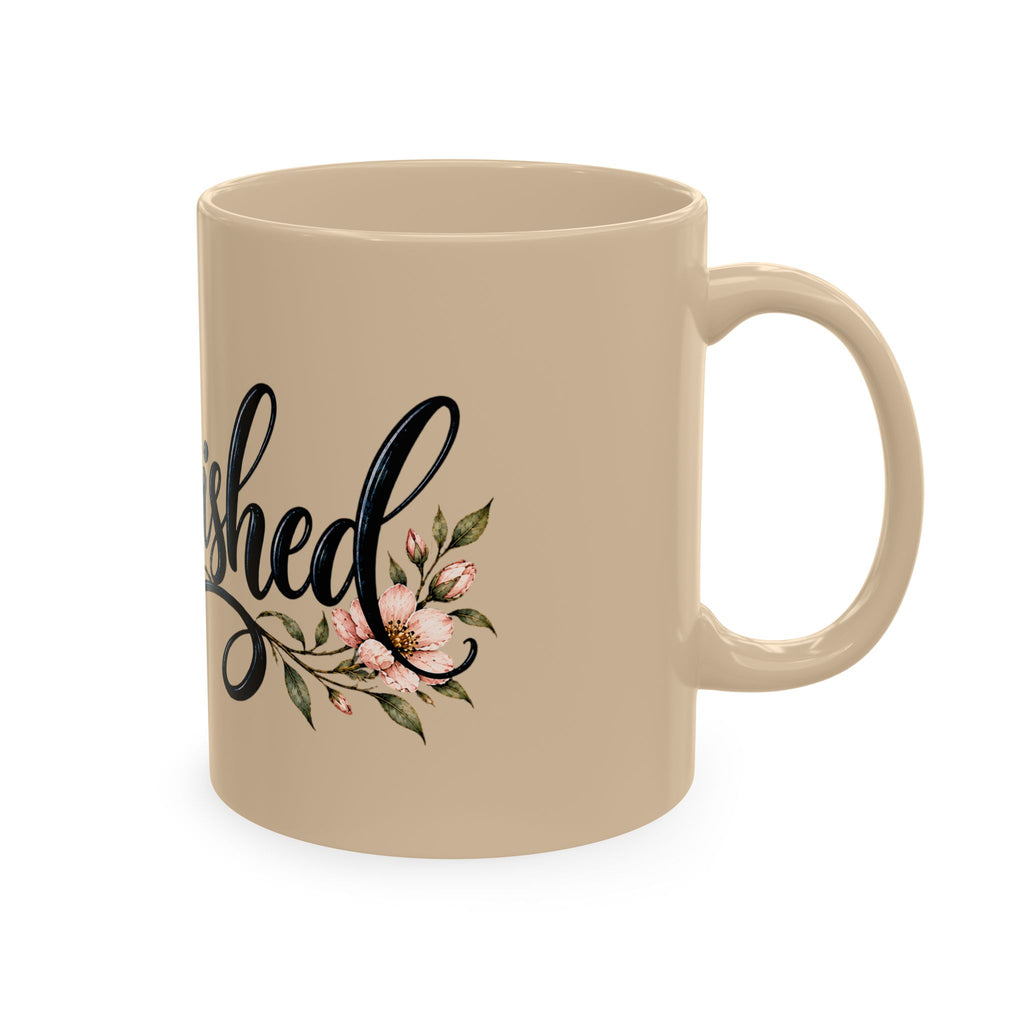 Cherished Floral Mug — Beige Ceramic Coffee Cup with Script Typography