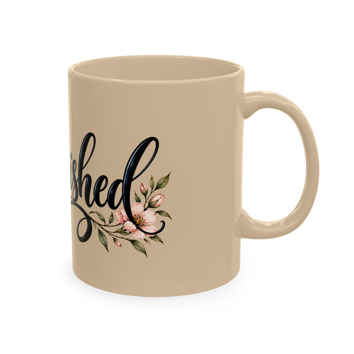 Cherished Floral Mug — Beige Ceramic Coffee Cup with Script Typography