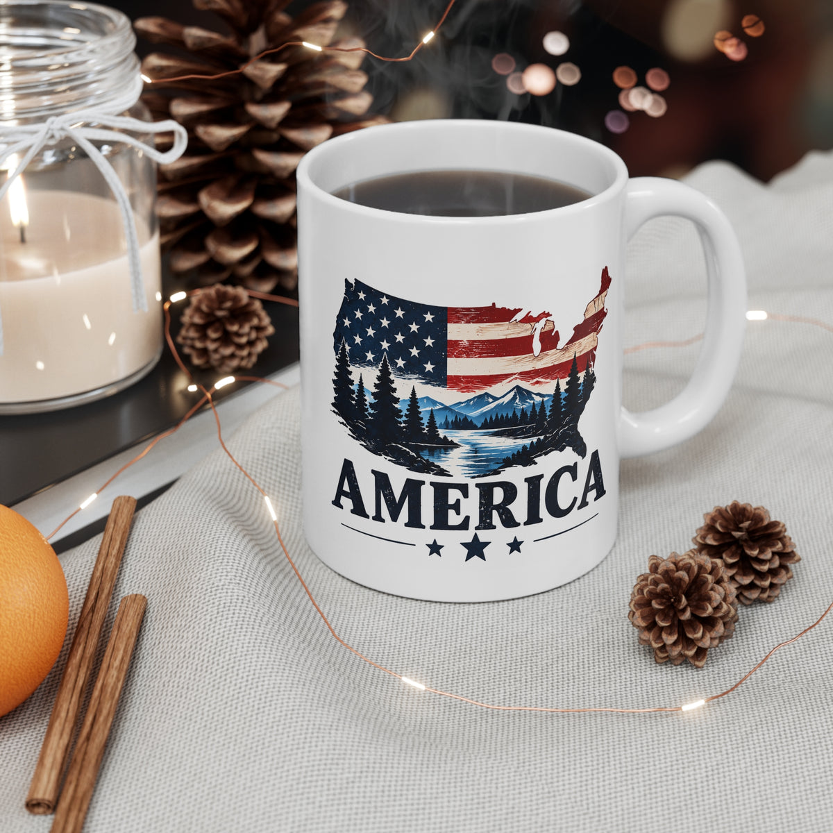 American Outdoors 11oz Coffee Mug — Patriotic Forest Flag Design