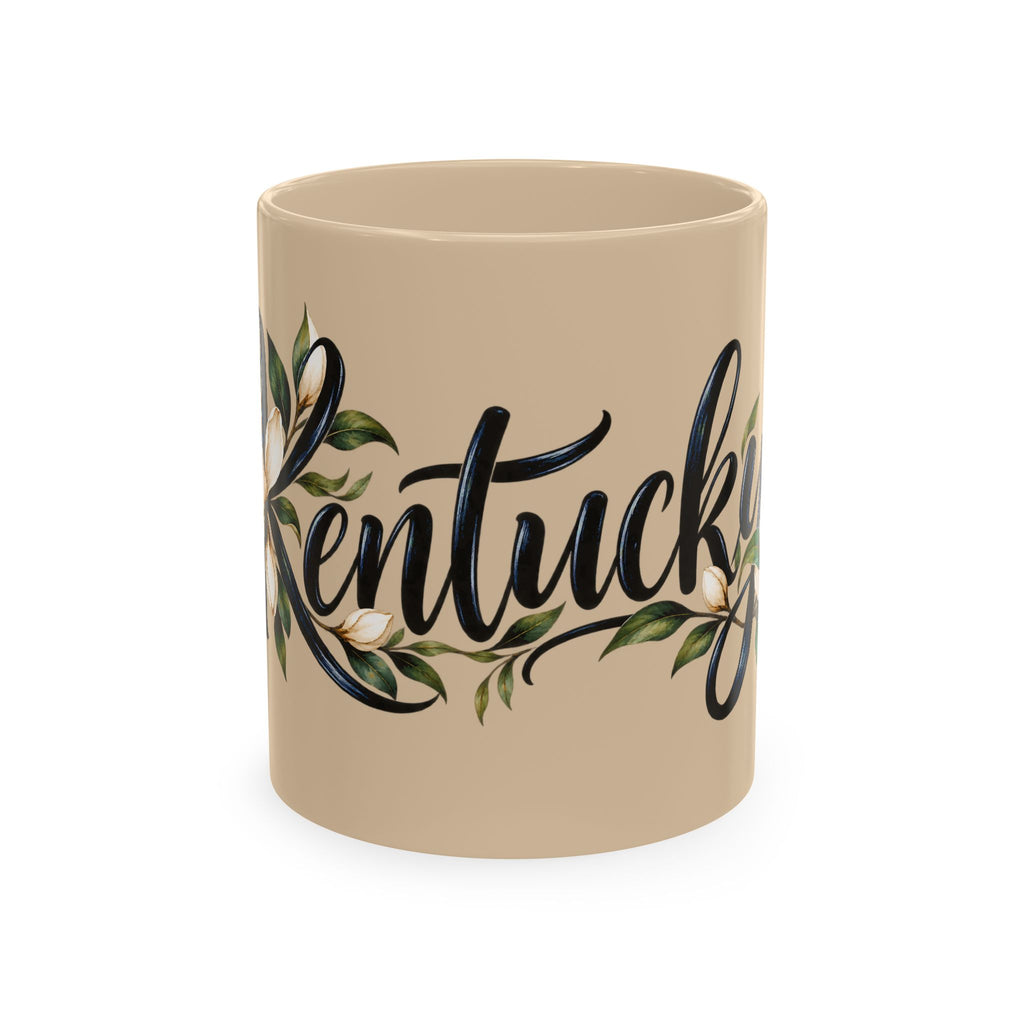 Kentucky Magnolia Ceramic Mug — State Script Coffee Cup with Floral Design