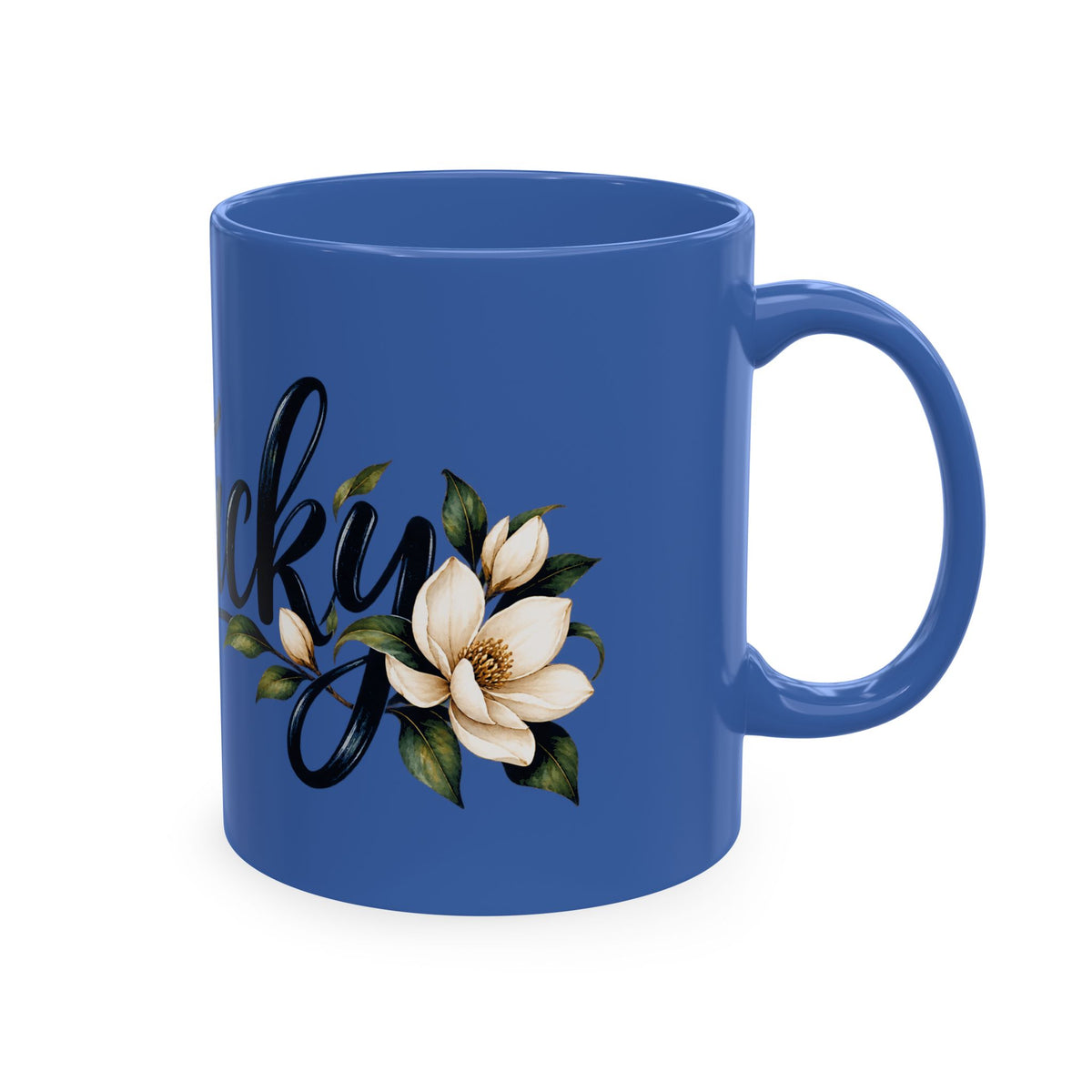 Kentucky Magnolia Ceramic Mug — State Script Coffee Cup with Floral Design