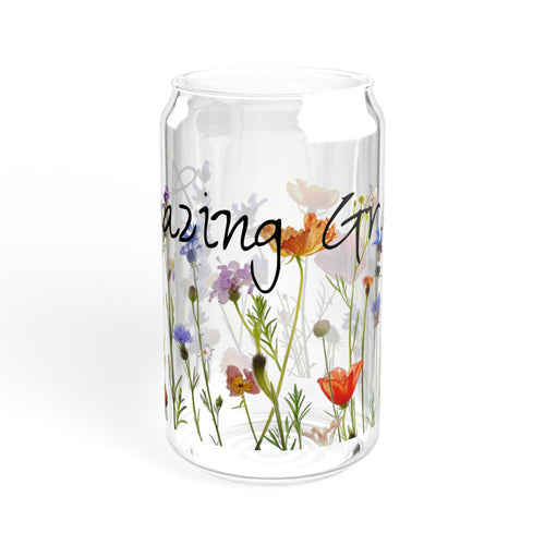 Amazing Grace Glass Sipper Glass, 16oz, Tumbler with Wildflowers