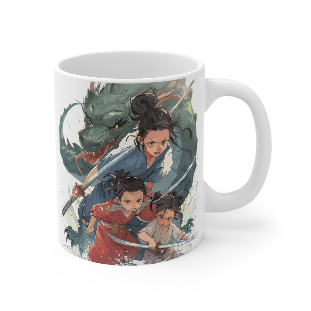 Anime Mother's Day Mug - Mother and Children Slaying a Monster/Dragon with swords