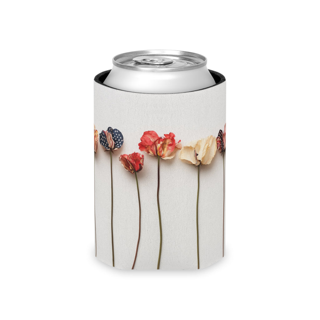 American Floral Can Cooler, Patriotic Drink Sleeve, USA Flower Beverage Holder, Fourth of July Koozie, Red White Blue Insulator