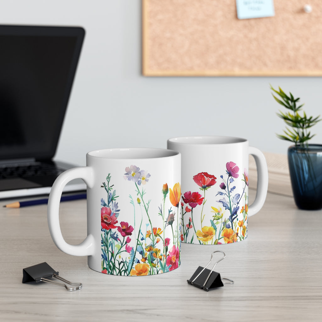 Pressed Flowers Mug, Boho Wildflowers Coffee Mug, Gift for her, Spring Mug, Watercolor Flower Mug