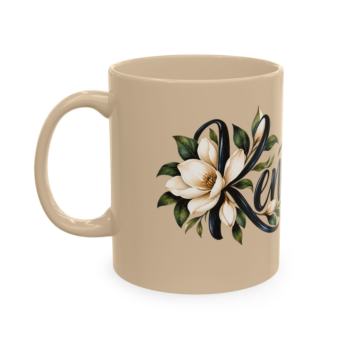 Kentucky Magnolia Ceramic Mug — State Script Coffee Cup with Floral Design
