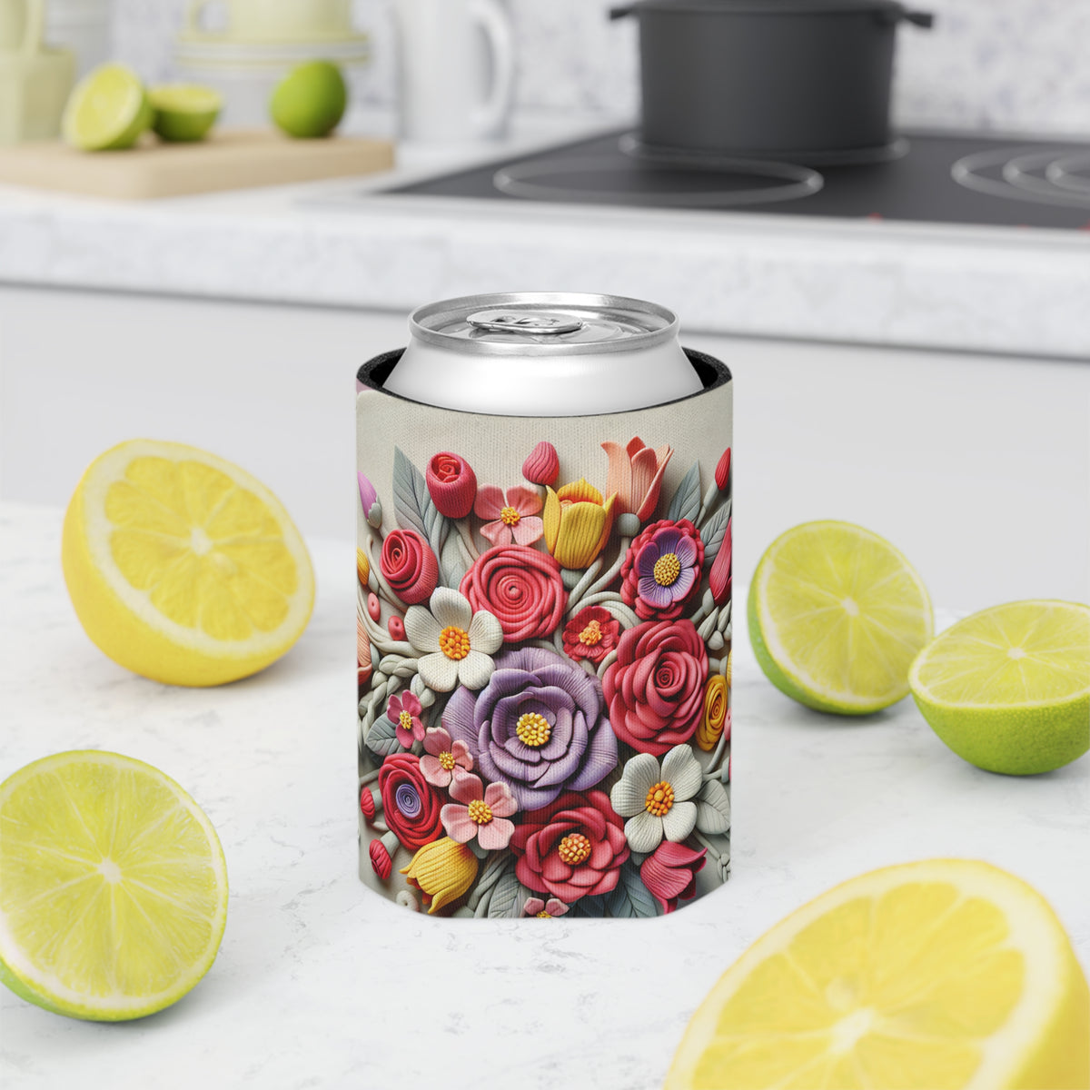 Floral Can Cooler - Botanical Drink Holder, Flower Pattern Coolie, Beverage Sleeve, Wedding Favor Gift, Outdoor Party Accessory