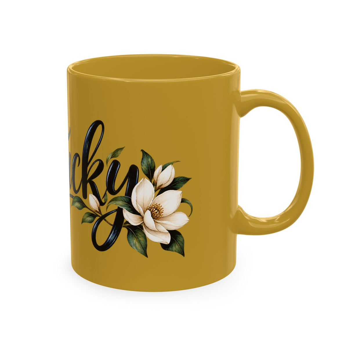 Kentucky Magnolia Ceramic Mug — State Script Coffee Cup with Floral Design