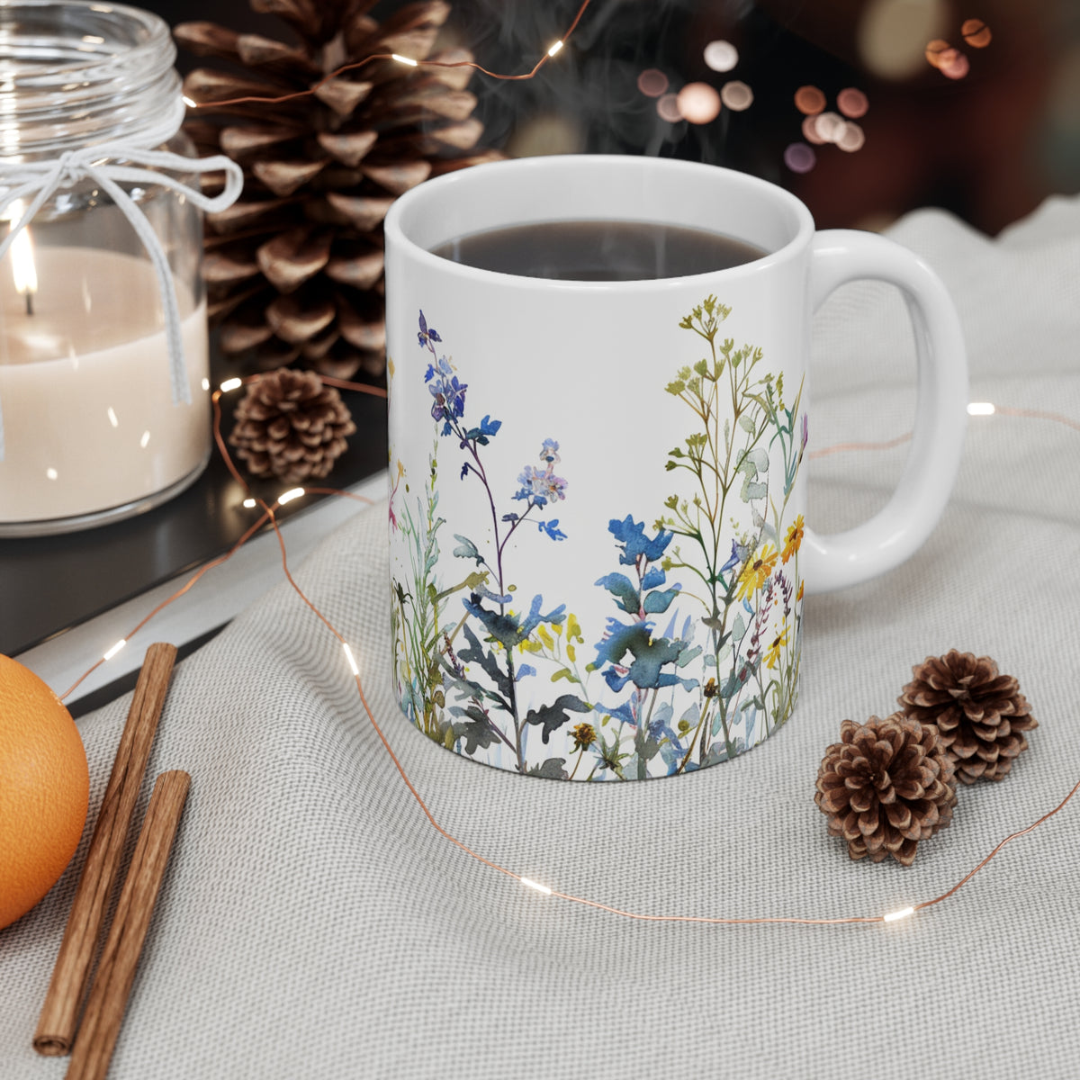 Pressed Flowers Mug, Boho Wildflowers Coffee Mug, Gift for her, Spring Mug, Watercolor Flower Mug
