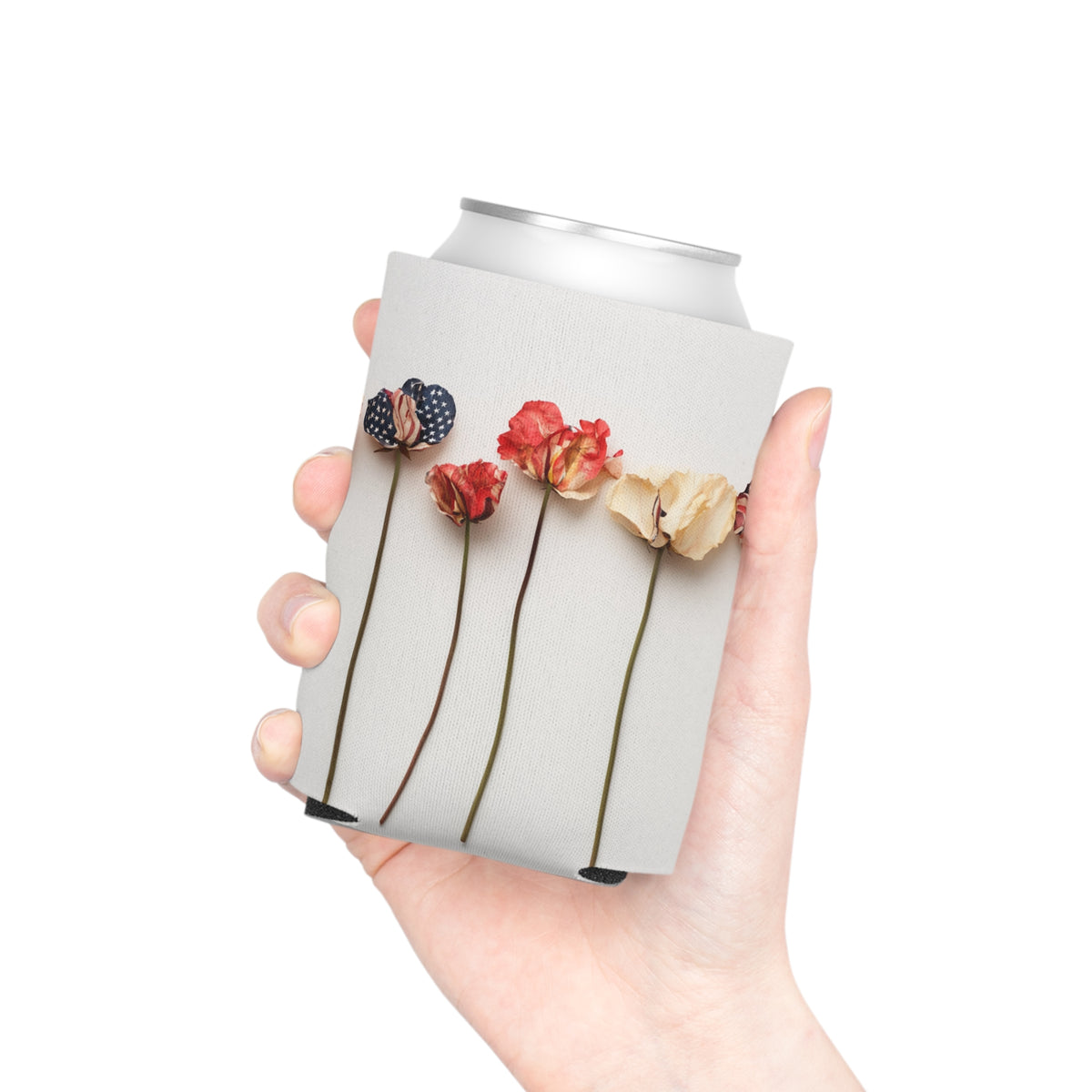 American Floral Can Cooler, Patriotic Drink Sleeve, USA Flower Beverage Holder, Fourth of July Koozie, Red White Blue Insulator