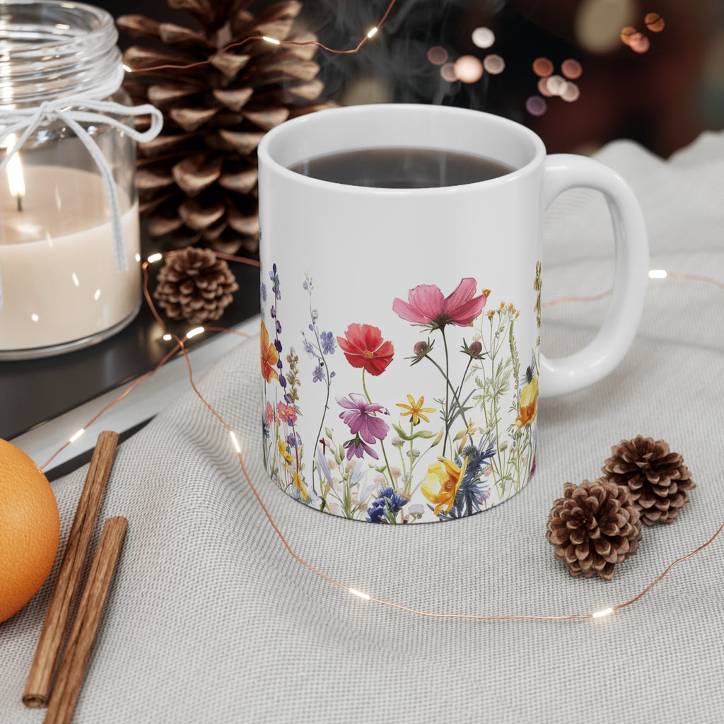 Pressed Flowers Mug, Boho Wildflowers Coffee Mug, Gift for her, Spring Mug, Watercolor Flower Mug