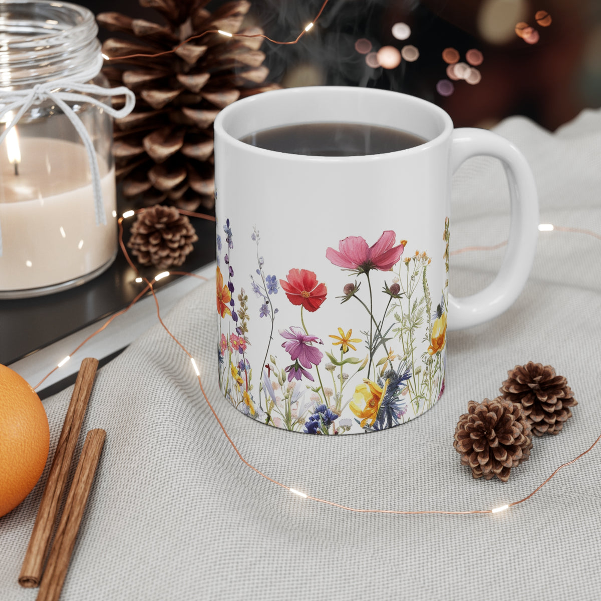 Pressed Flowers Mug, Boho Wildflowers Coffee Mug, Gift for her, Spring Mug, Watercolor Flower Mug