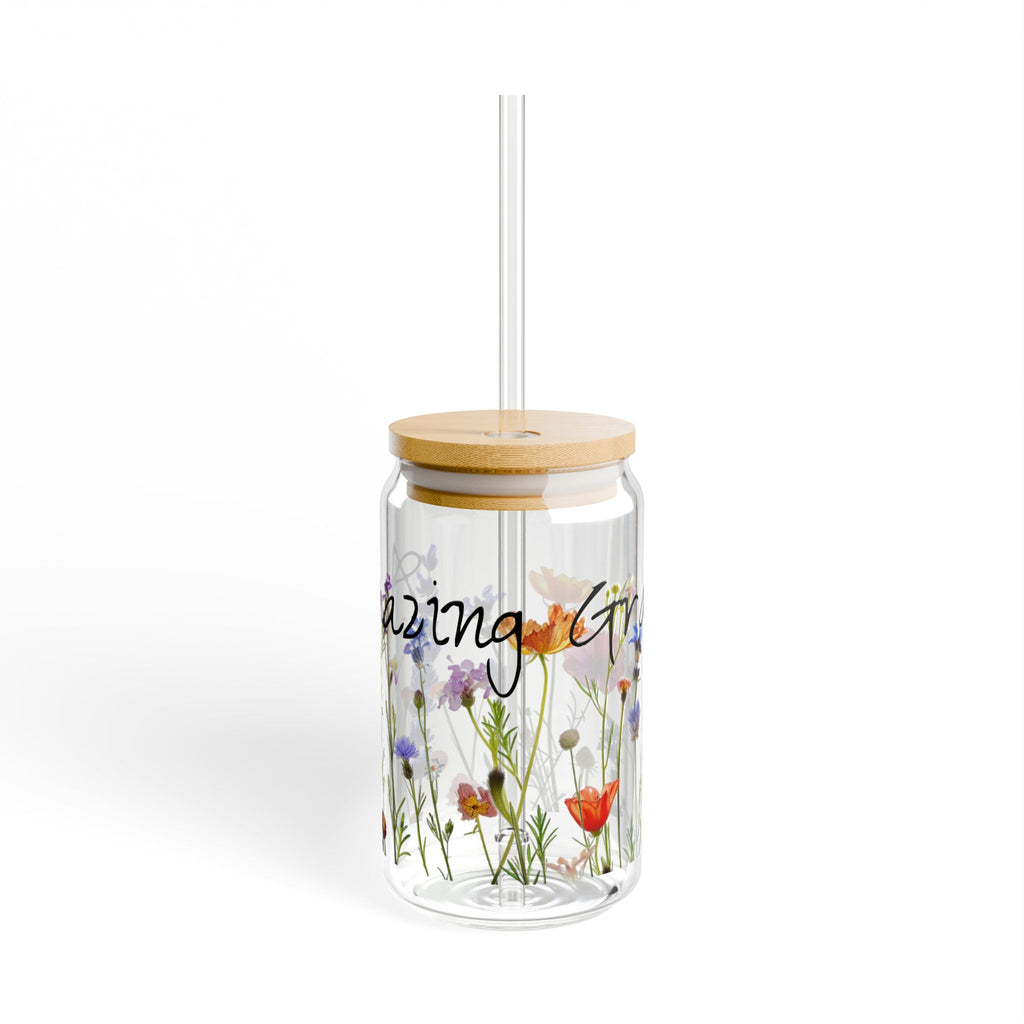 Amazing Grace Glass Sipper Glass, 16oz, Tumbler with Wildflowers