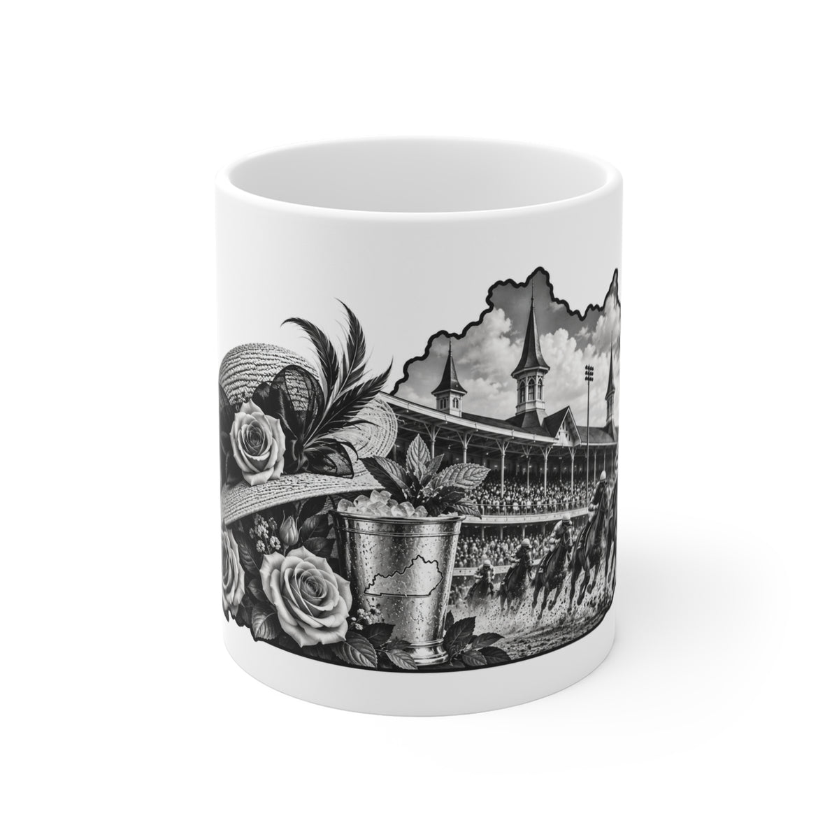 Derby Hat & Roses 11oz Coffee Mug — Vintage Horse Racing Track Illustration