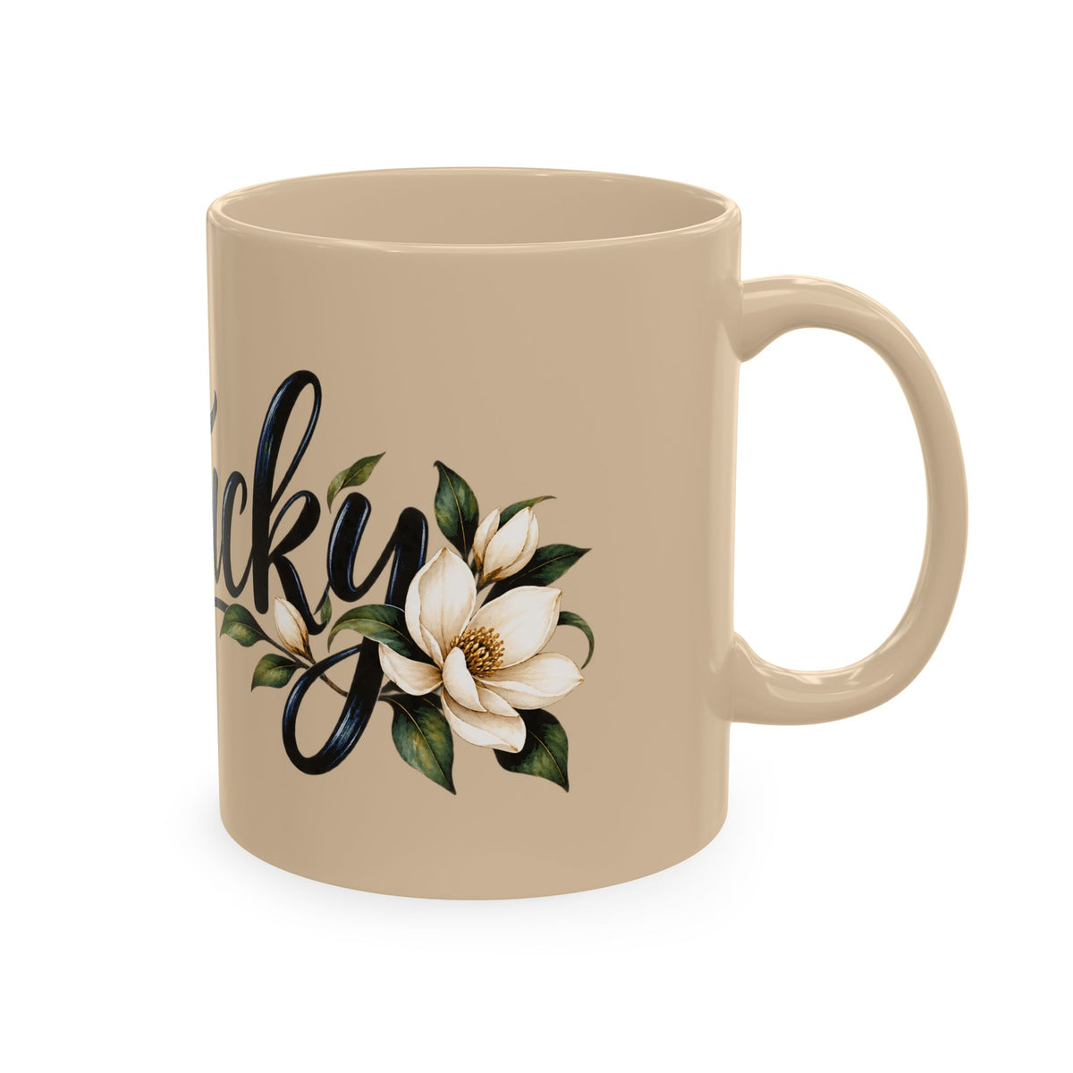 Kentucky Magnolia Ceramic Mug — State Script Coffee Cup with Floral Design