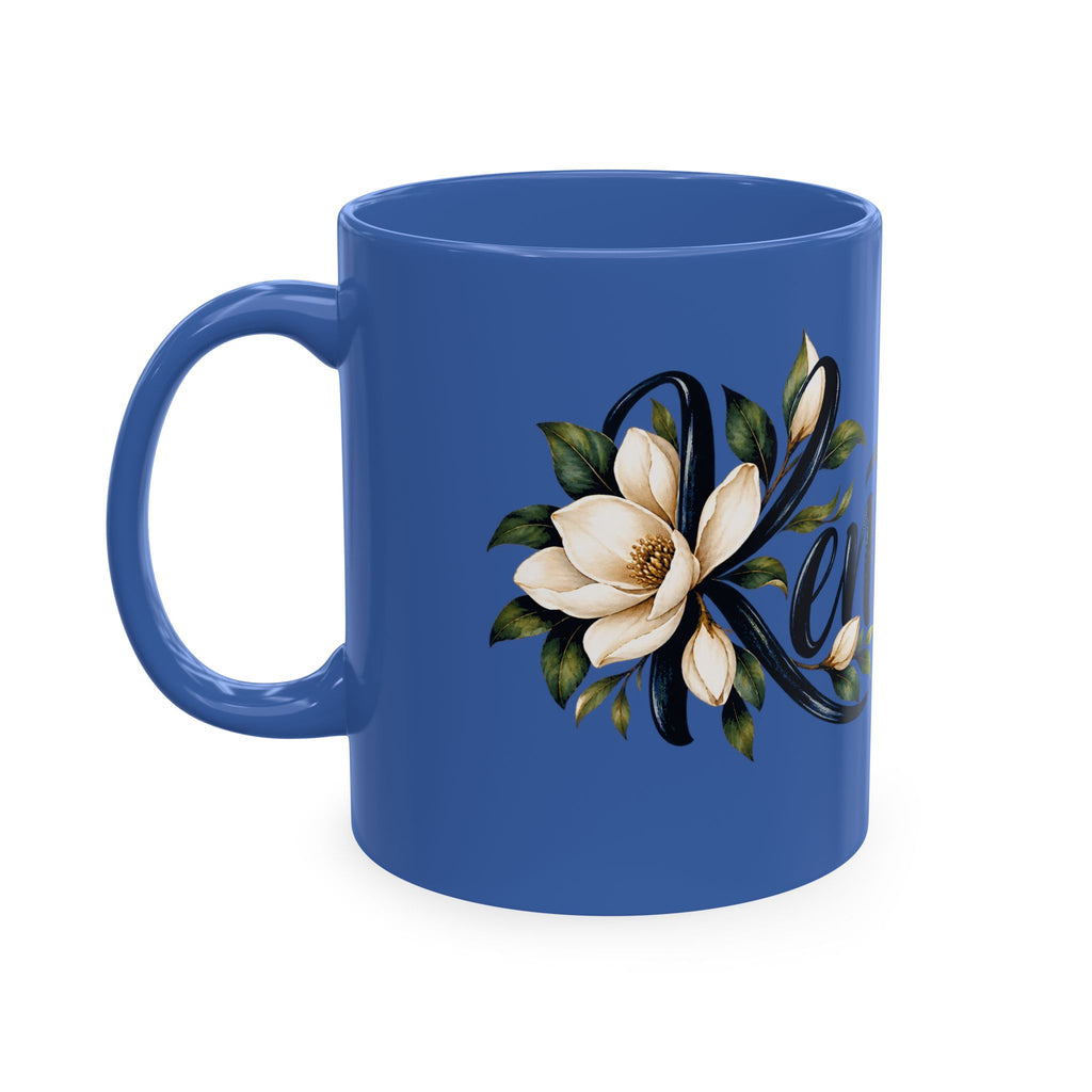 Kentucky Magnolia Ceramic Mug — State Script Coffee Cup with Floral Design