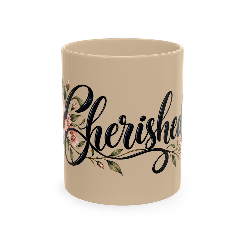 Cherished Floral Mug — Beige Ceramic Coffee Cup with Script Typography