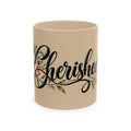 Cherished Floral Mug — Beige Ceramic Coffee Cup with Script Typography