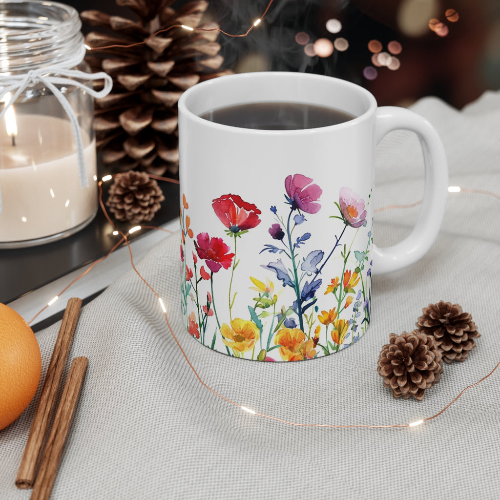 Pressed Flowers Mug, Boho Wildflowers Coffee Mug, Gift for her, Spring Mug, Watercolor Flower Mug