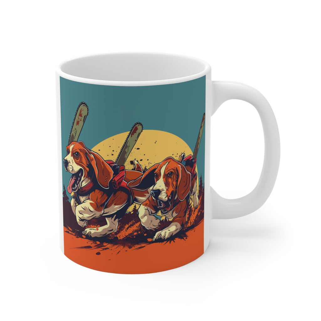 Basset Chainsaw Massacre Coffee Mug - Killer Basset Hounds with Chainsaws