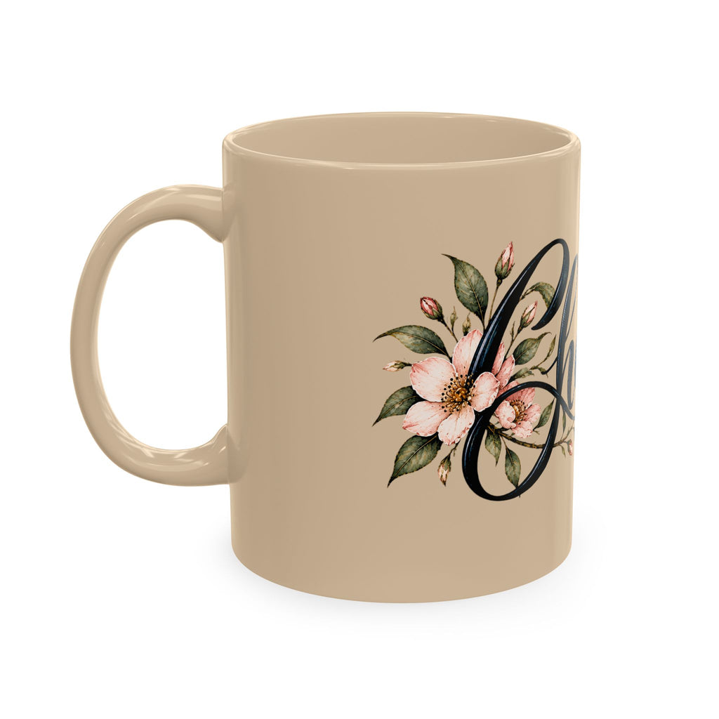 Cherished Floral Mug — Beige Ceramic Coffee Cup with Script Typography