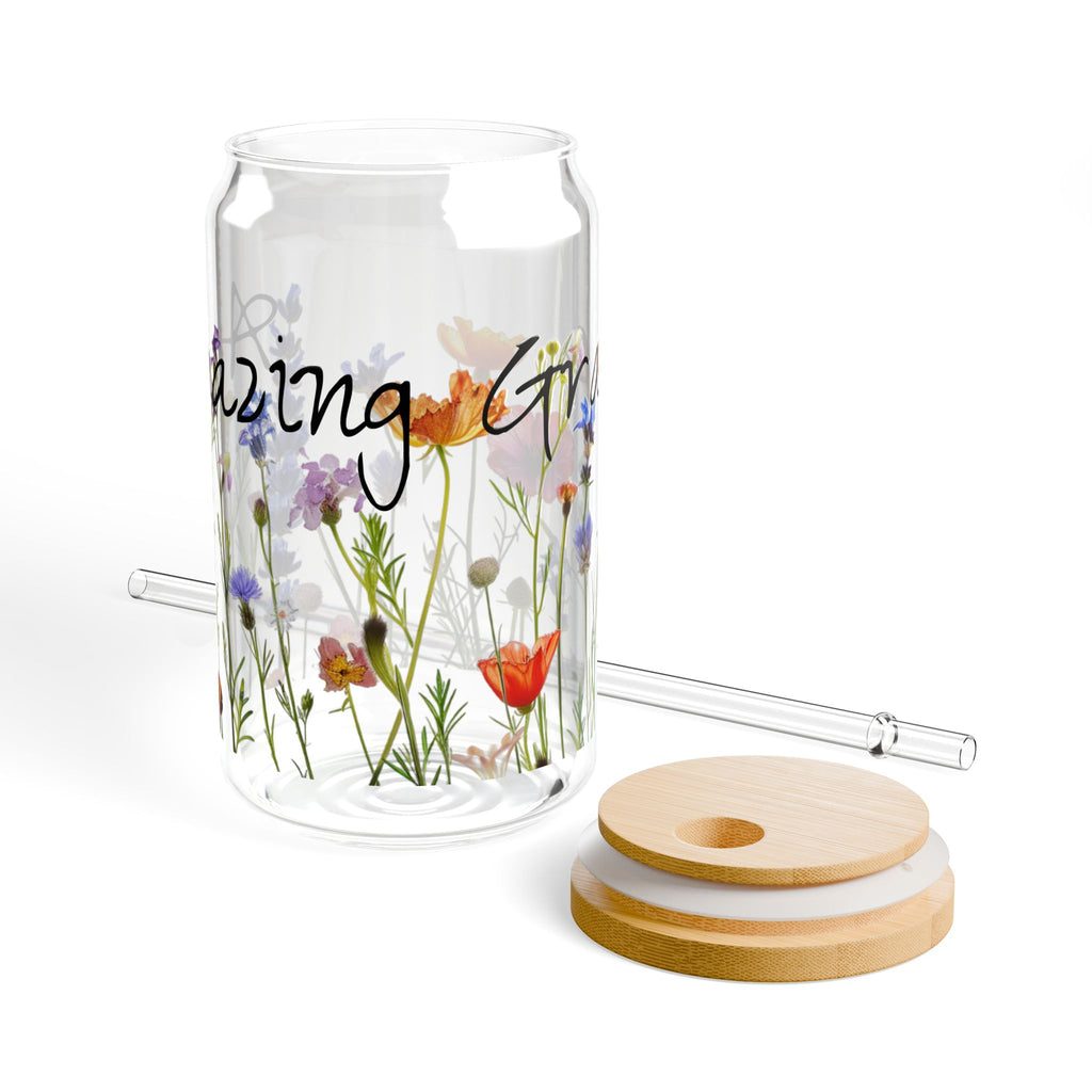 Amazing Grace Glass Sipper Glass, 16oz, Tumbler with Wildflowers