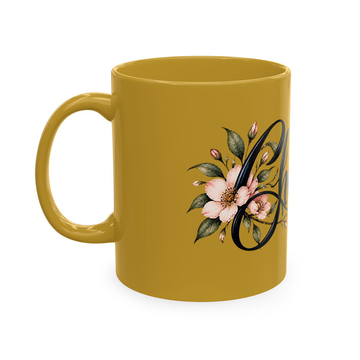 Cherished Floral Mug — Beige Ceramic Coffee Cup with Script Typography