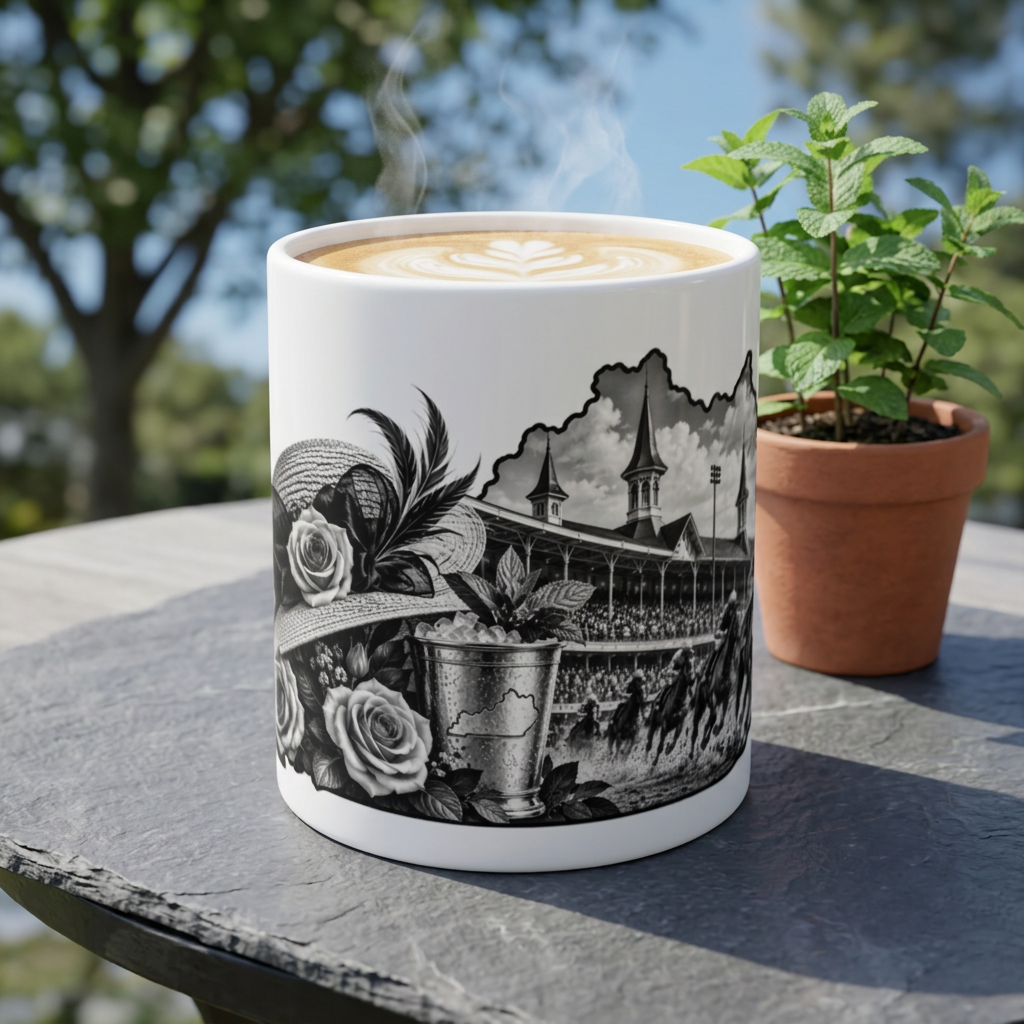 Derby Hat & Roses 11oz Coffee Mug — Vintage Horse Racing Track Illustration