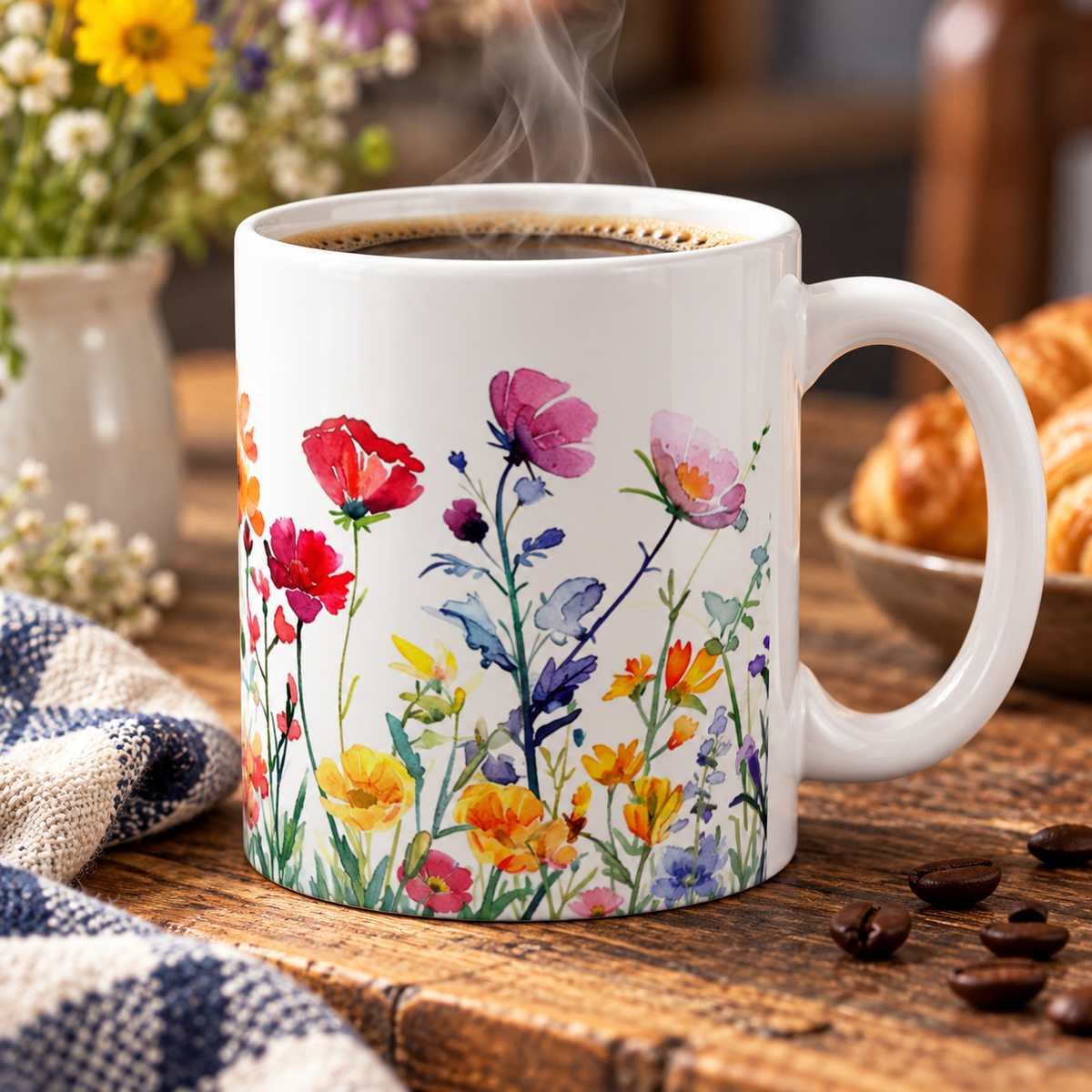 Pressed Flowers Mug, Boho Wildflowers Coffee Mug, Gift for her, Spring Mug, Watercolor Flower Mug