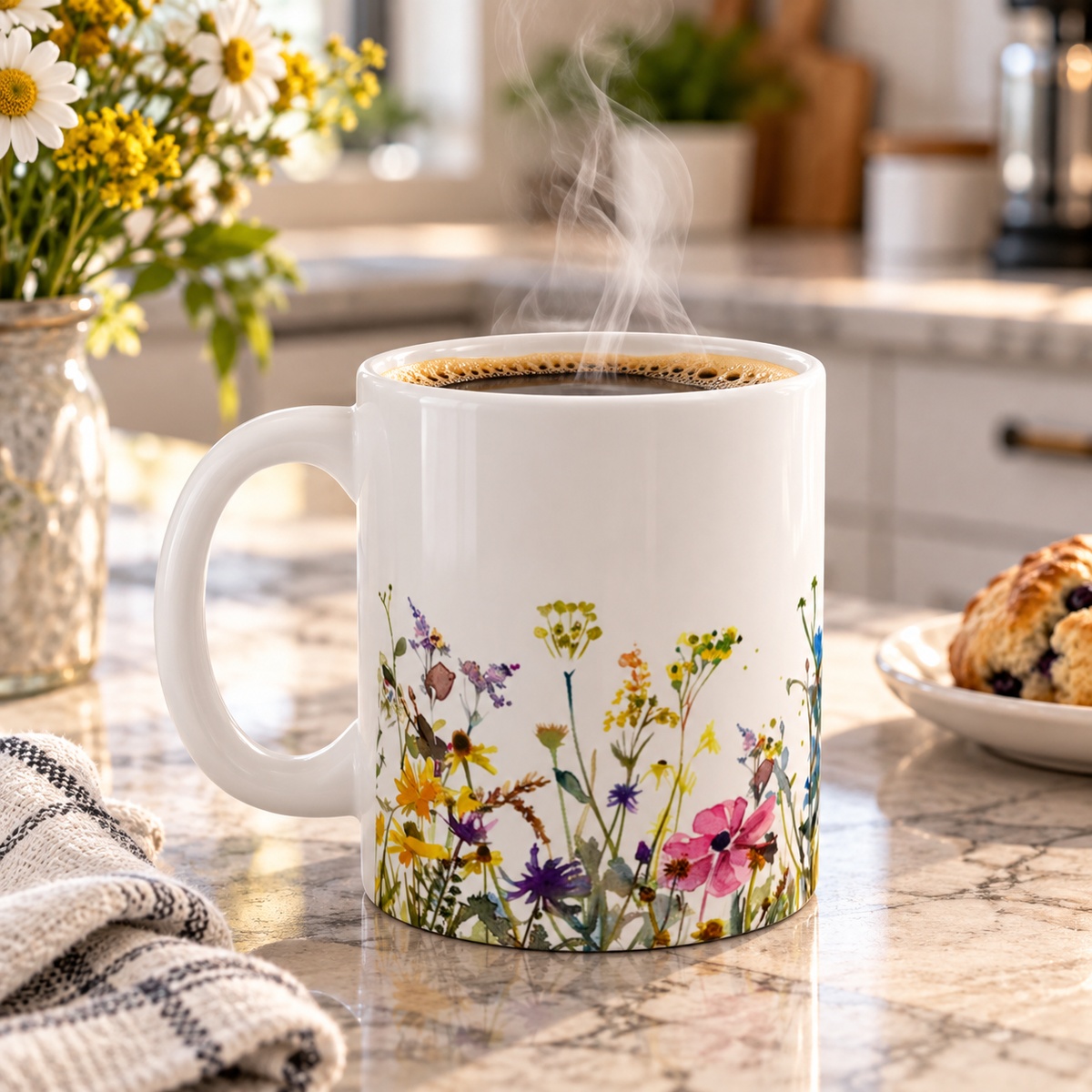 Pressed Flowers Mug, Boho Wildflowers Coffee Mug, Gift for her, Spring Mug, Watercolor Flower Mug