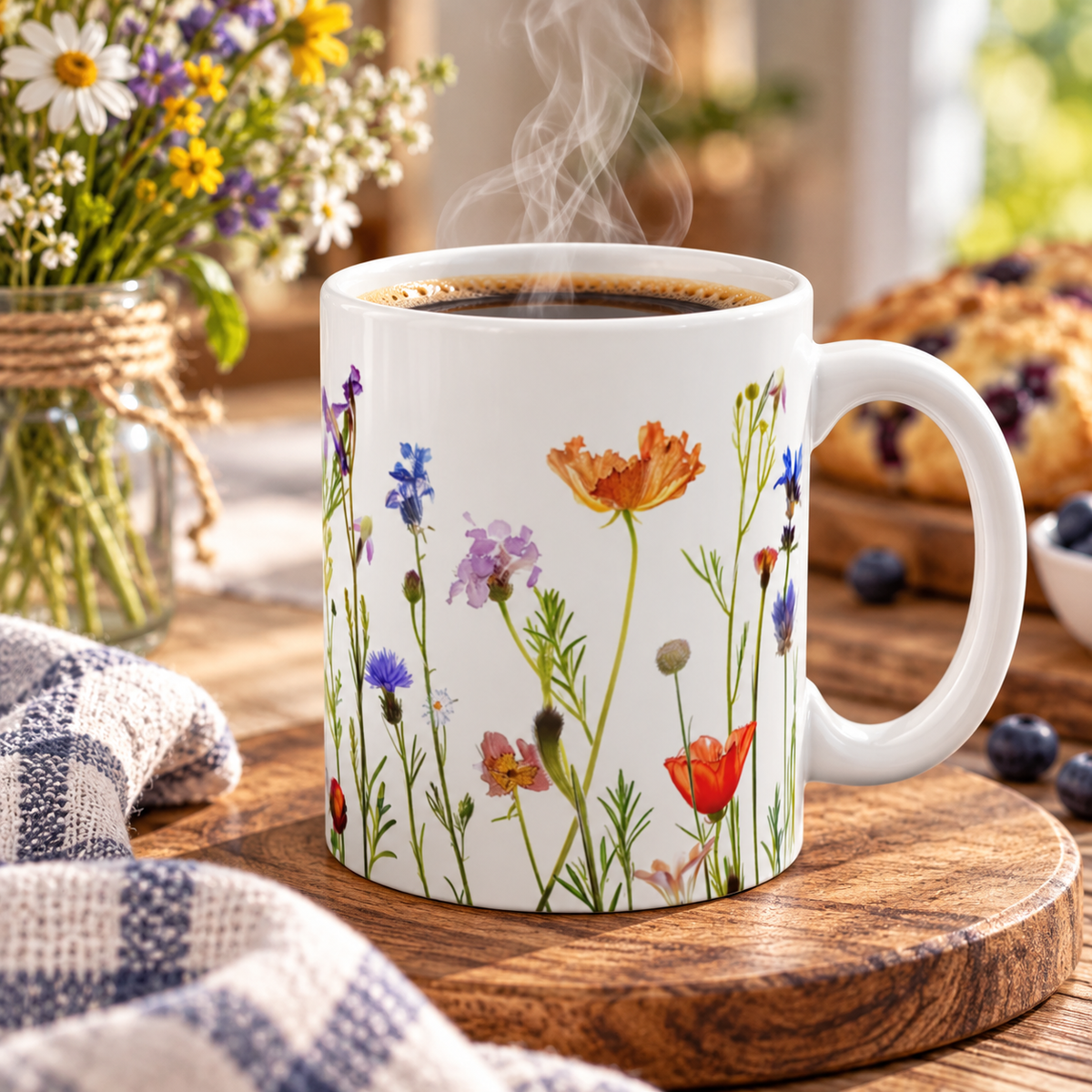 Pressed Flowers Mug, Boho Wildflowers Coffee Mug, Gift for her, Spring Mug, Watercolor Flower Mug