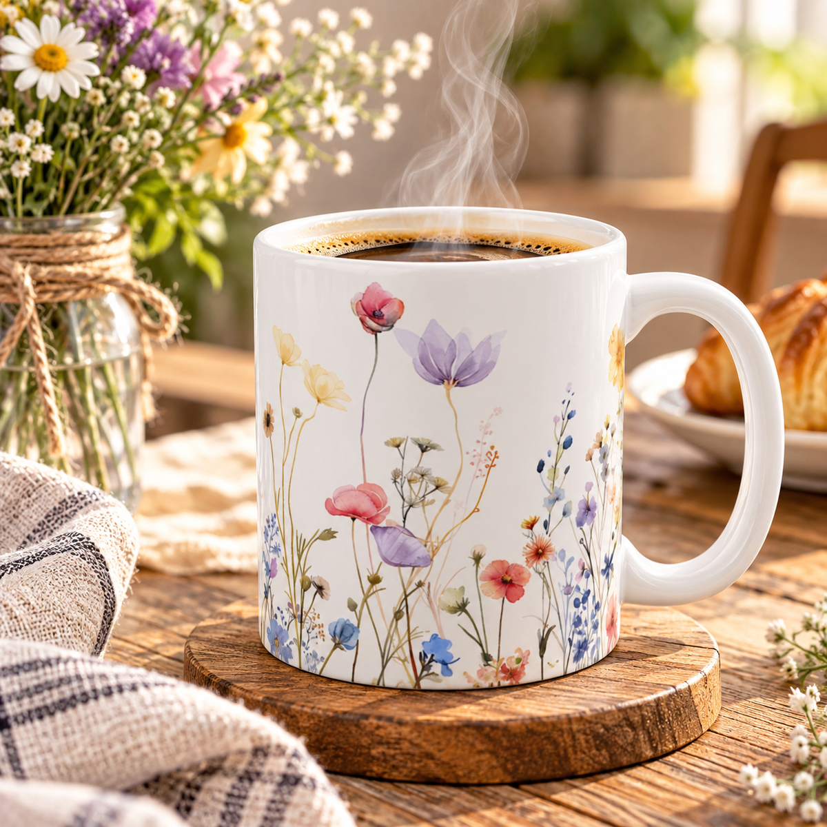 Pressed Flowers Mug, Boho Wildflowers Coffee Mug, Gift for her, Spring Mug, Watercolor Flower Mug