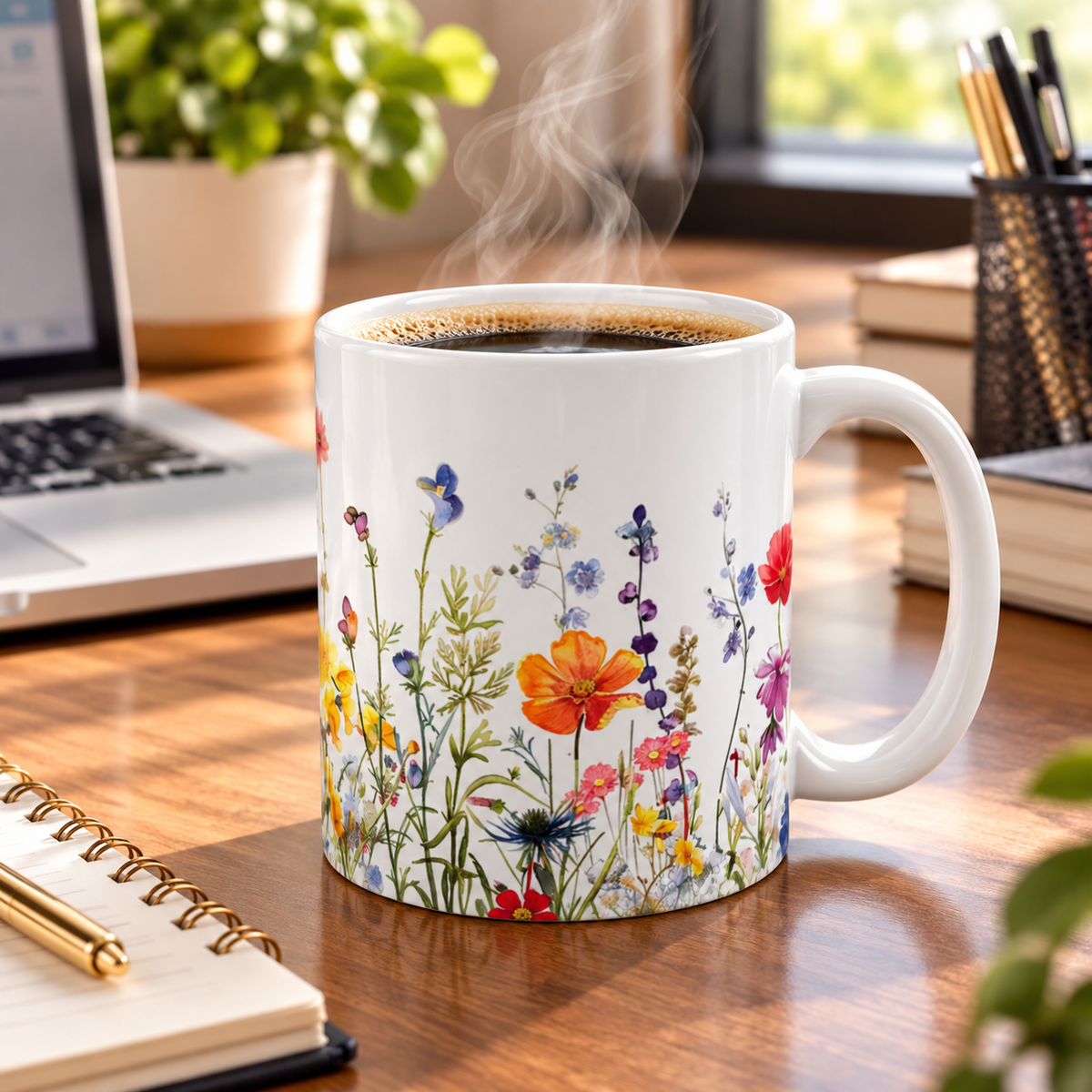 Pressed Flowers Mug, Boho Wildflowers Coffee Mug, Gift for her, Spring Mug, Watercolor Flower Mug