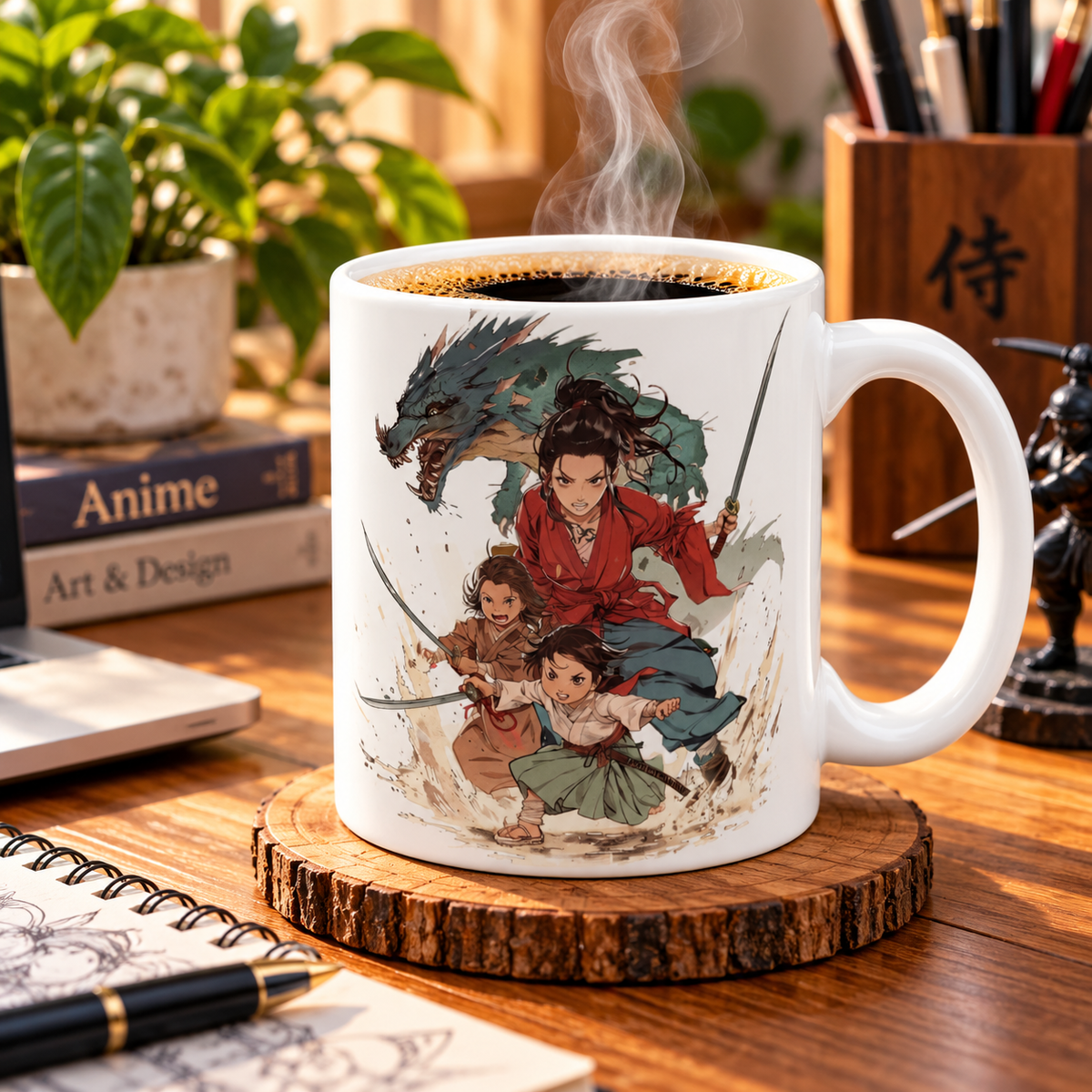 Anime Mother's Day Mug - Mother and Children Slaying a Monster/Dragon with swords