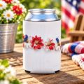 American Floral Can Cooler, Patriotic Drink Holder, Red White Blue Beverage Sleeve, USA Flower Beer Hugger, Independence Day Insulator,