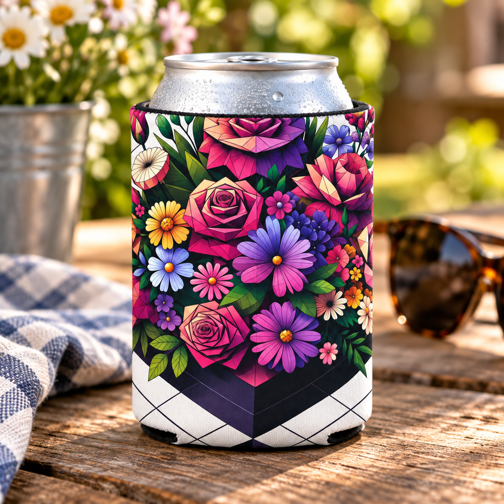 Floral Can Cooler - Drink Sleeve, Beverage Holder, Insulated Coozie, Flower Patterned Coolie, Summer Party Favor