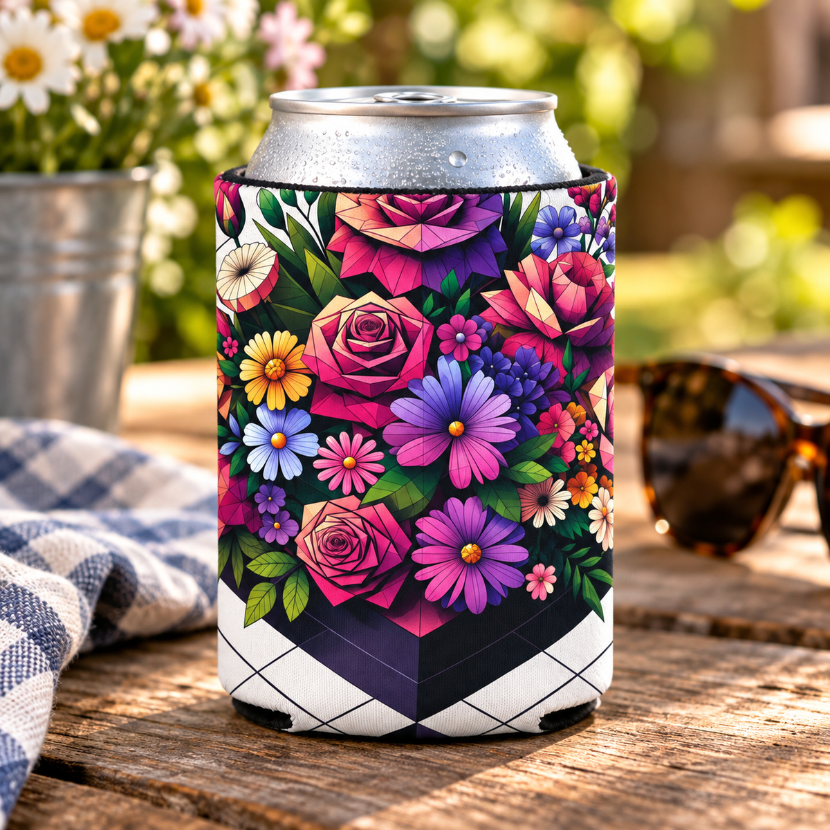 Floral Can Cooler - Drink Sleeve, Beverage Holder, Insulated Coozie, Flower Patterned Coolie, Summer Party Favor