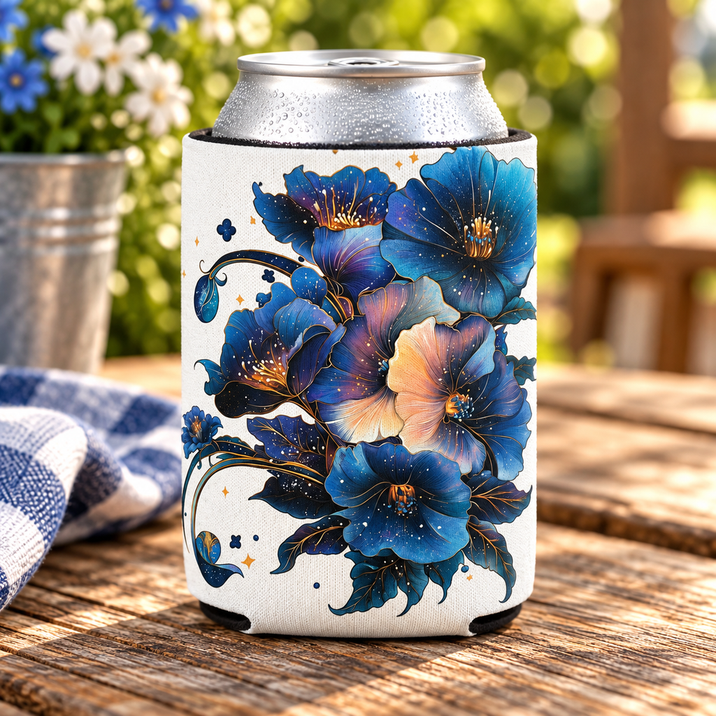 Floral Can Cooler, Flower Pattern Drink Holder, Beverage Insulator Sleeve, Botanical Print Beer Can Cozy, Garden Party Favor