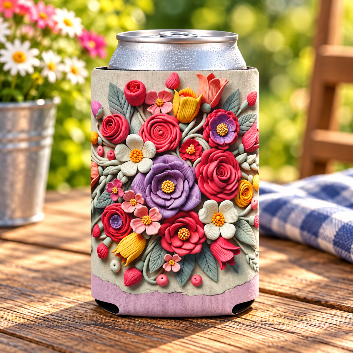 Floral Can Cooler - Botanical Drink Holder, Flower Pattern Coolie, Beverage Sleeve, Wedding Favor Gift, Outdoor Party Accessory