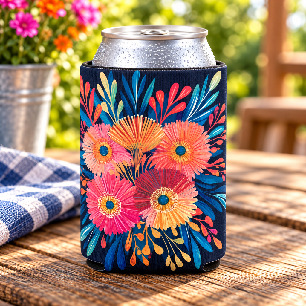 Floral Can Cooler, Insulated Beverage Holder, Summer Drink Sleeve, Flower Print Beer Hugger, Botanical Pattern Slim Can Insulator