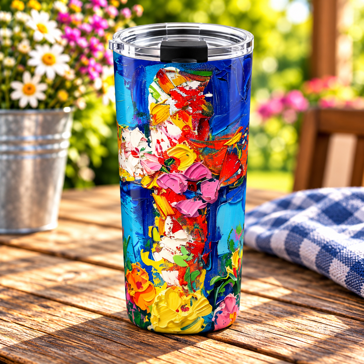 Monet Style Cross and Flowers Tumbler 20oz