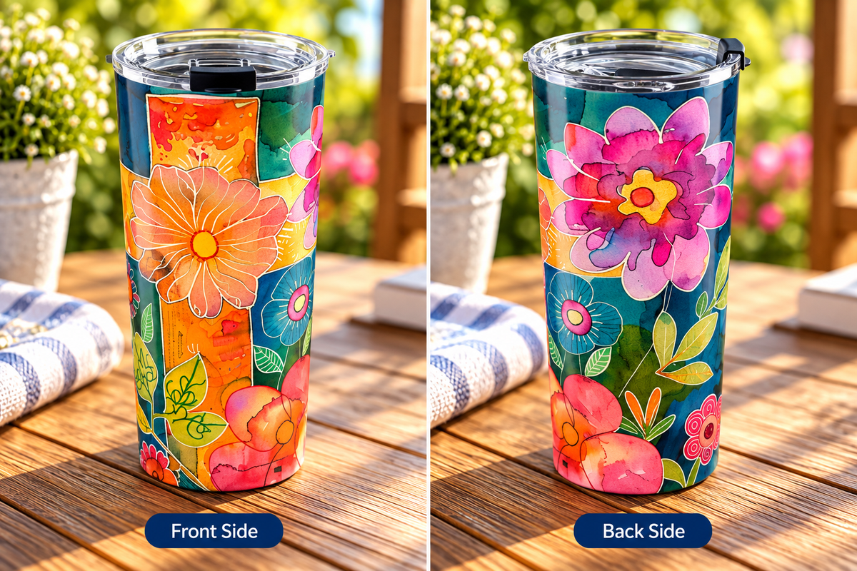 Cross and Whimsical Flowers Tumbler 20oz