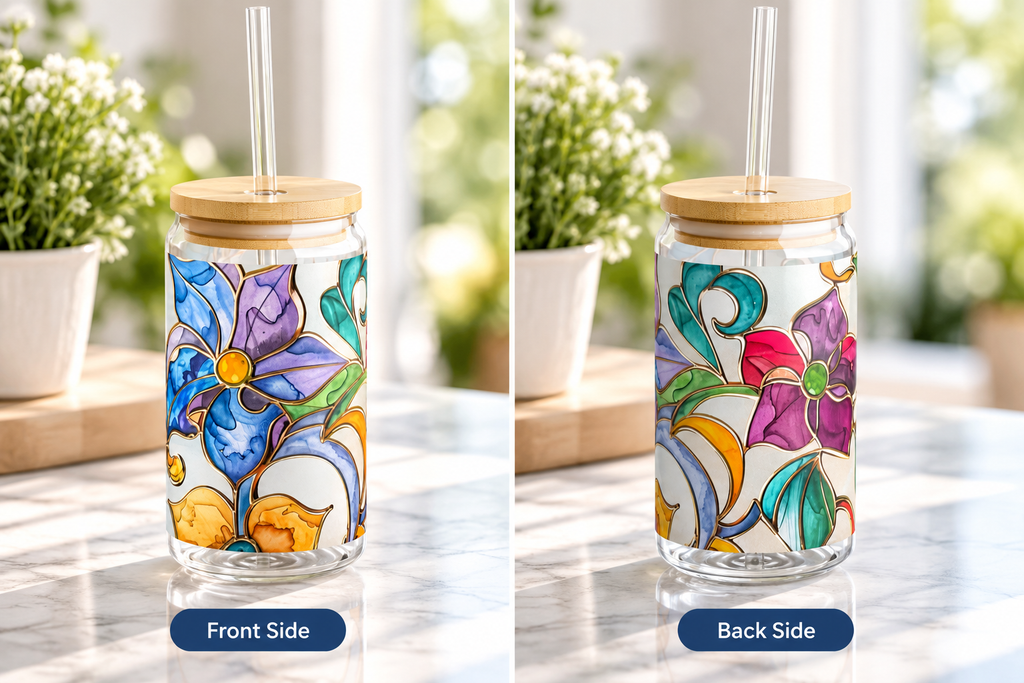 Floral Stained Glass Sipper Glass, 16oz