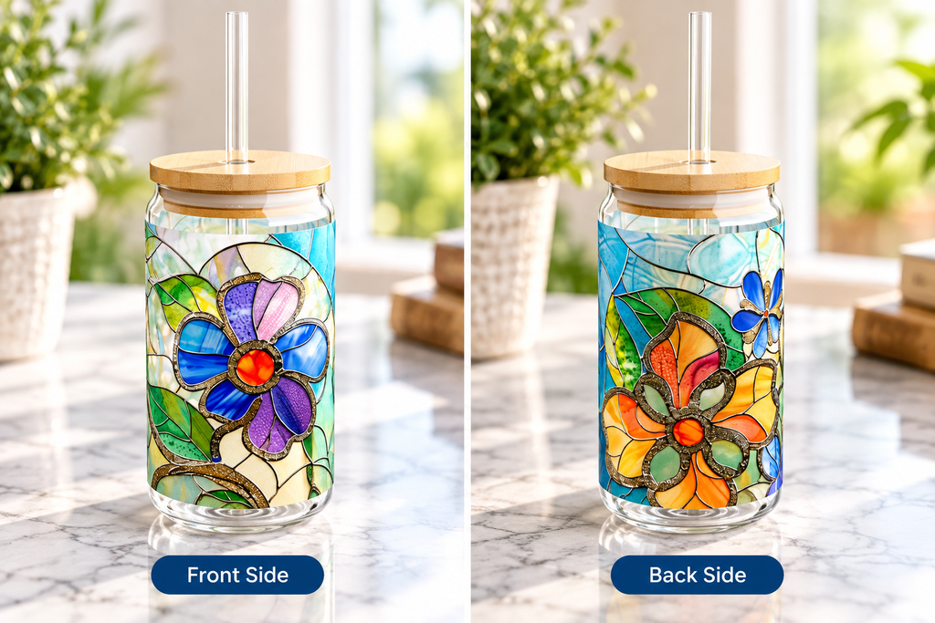 Floral Stained Glass Sipper Glass, 16oz