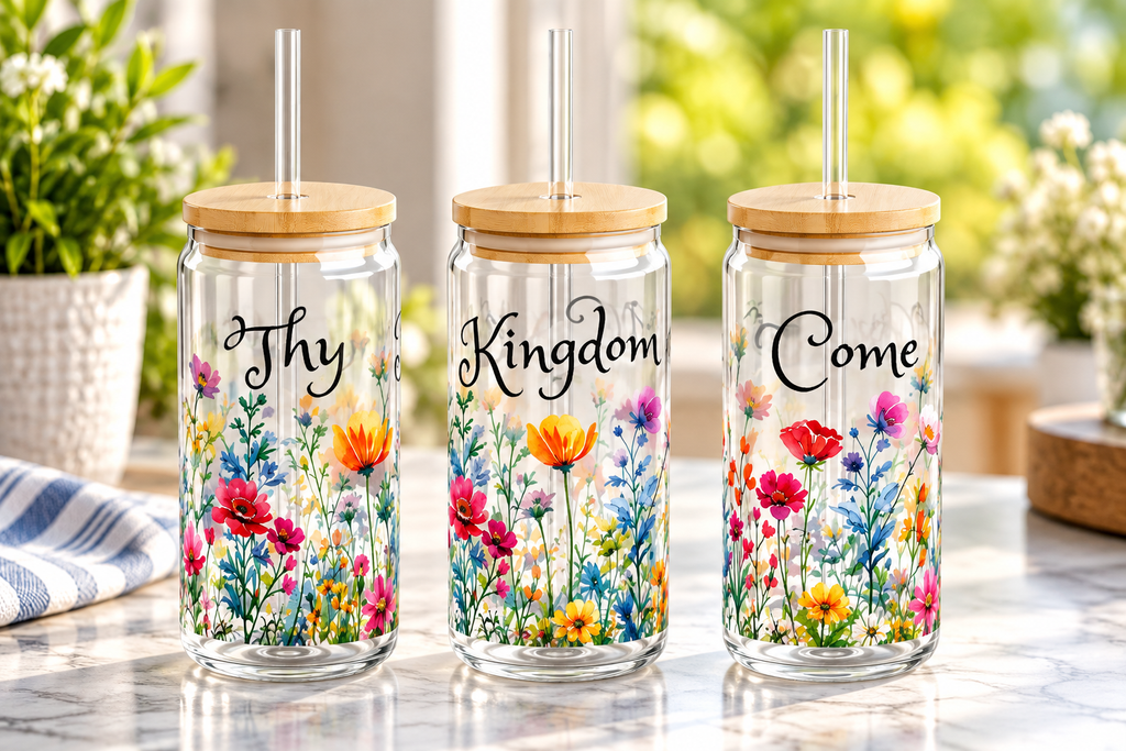 Thy Kingdom Come Glass Sipper Glass, 16oz, Tumbler with Wildflowers