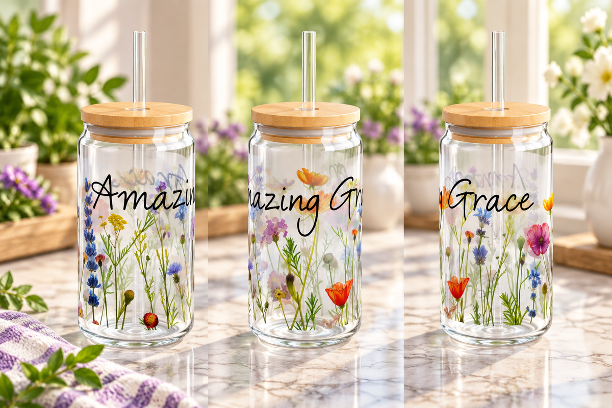 Amazing Grace Glass Sipper Glass, 16oz, Tumbler with Wildflowers