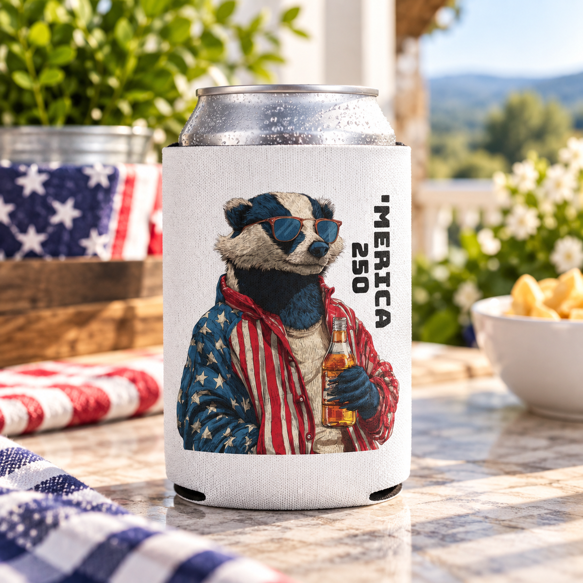 Patriotic Badger Holding Beer Can Cooler | 'Merica 250