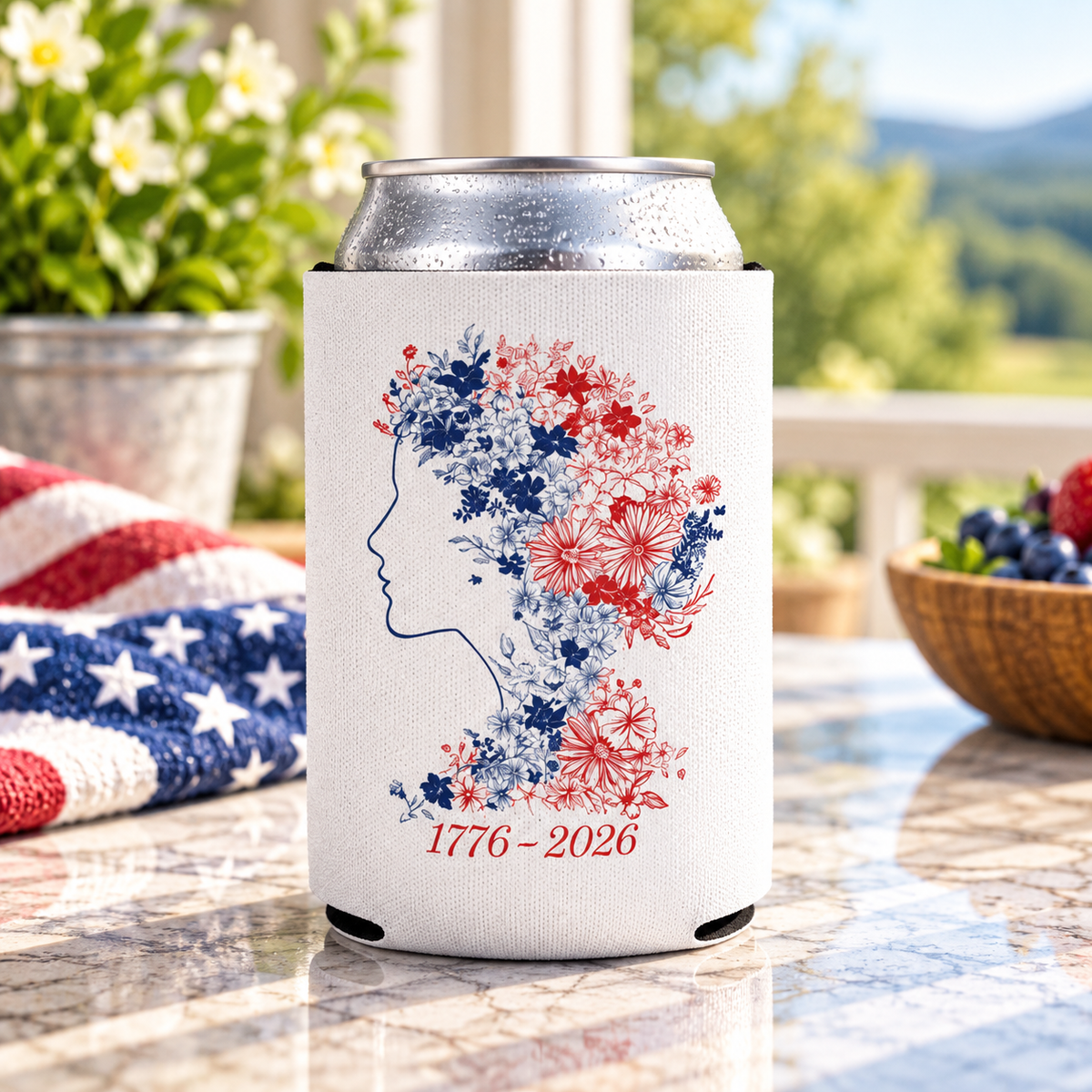 Liberty Floral Profile Can Cooler | 1776-2026 Red White Blue
