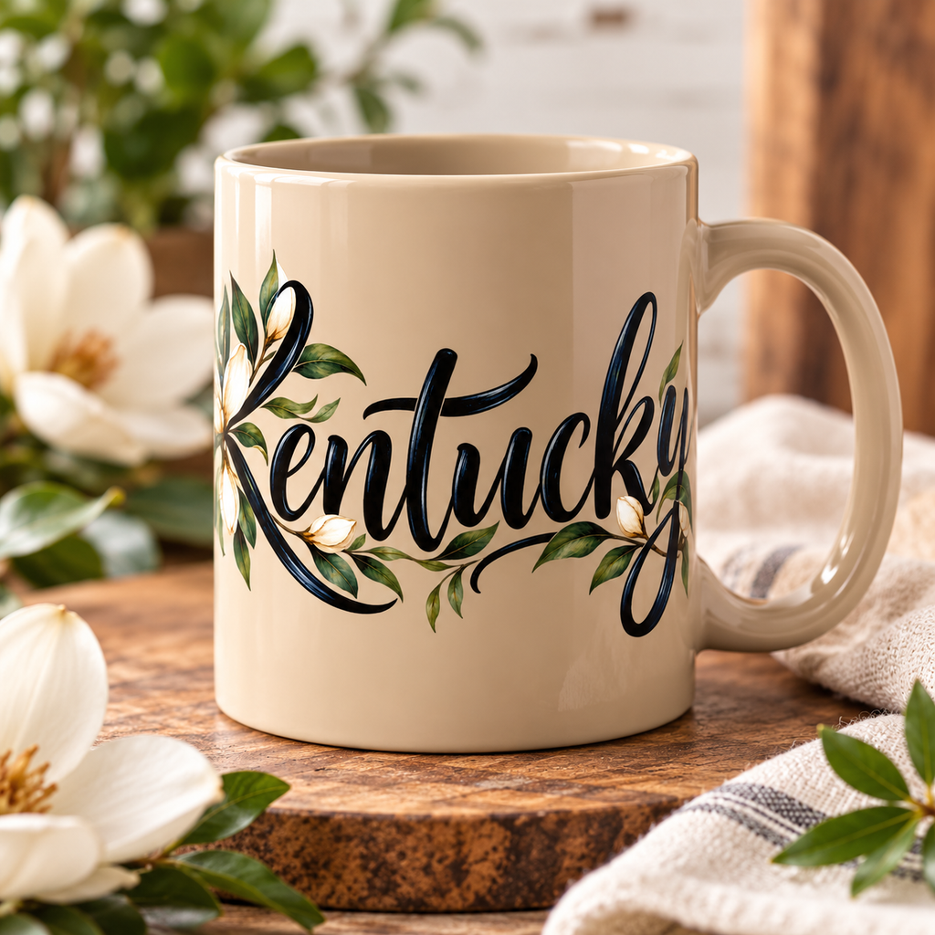 Kentucky Magnolia Ceramic Mug — State Script Coffee Cup with Floral Design